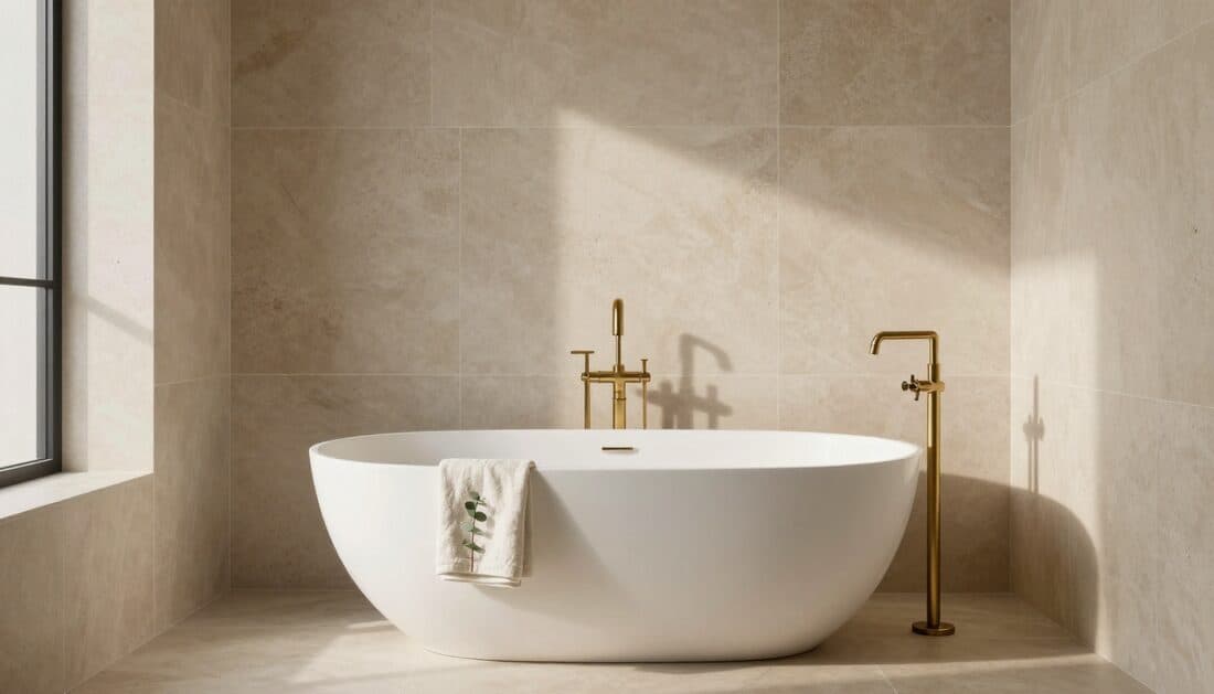 Spa-like primary bathroom with a freestanding stone bath and honed limestone walls