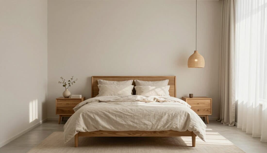 Primary bedroom with a low platform bed, linen bedding, and soft morning light