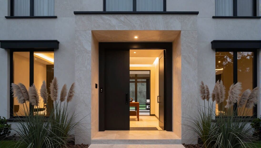 Front door open onto a warmly lit entry hall, dusk light spilling across the threshold
