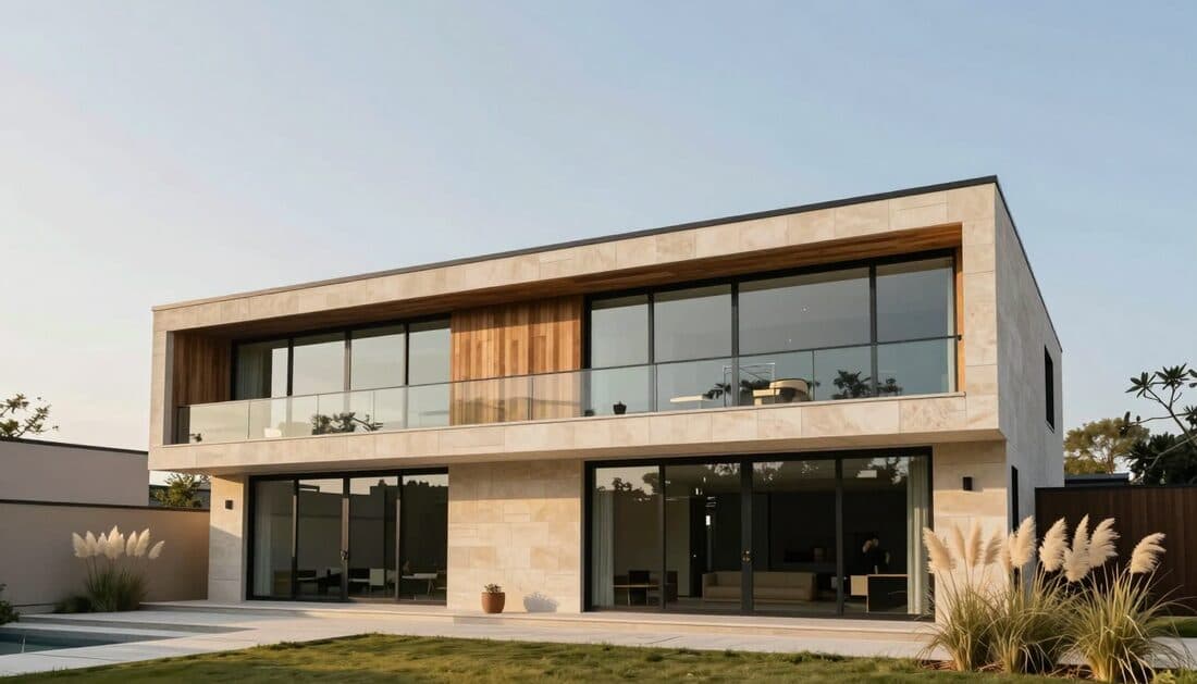 Exterior elevation of a light-filled modern residence at midday, warm stone and timber cladding