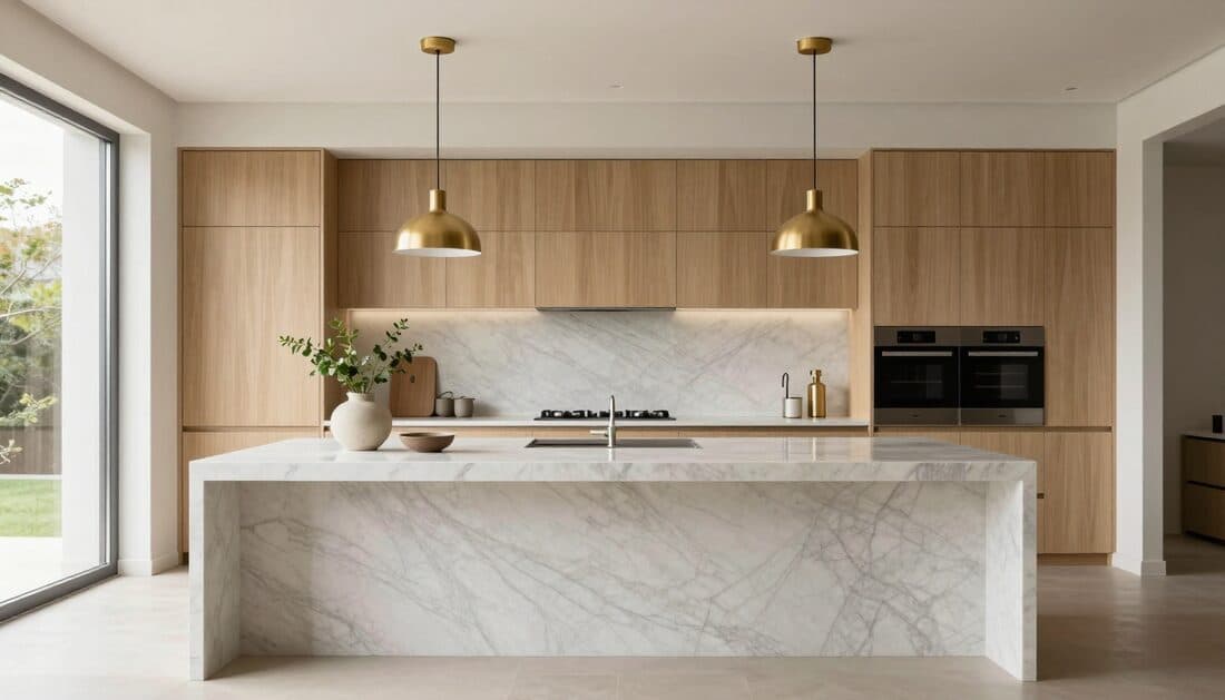 Kitchen with a marble island, integrated timber cabinetry, and brushed brass fixtures