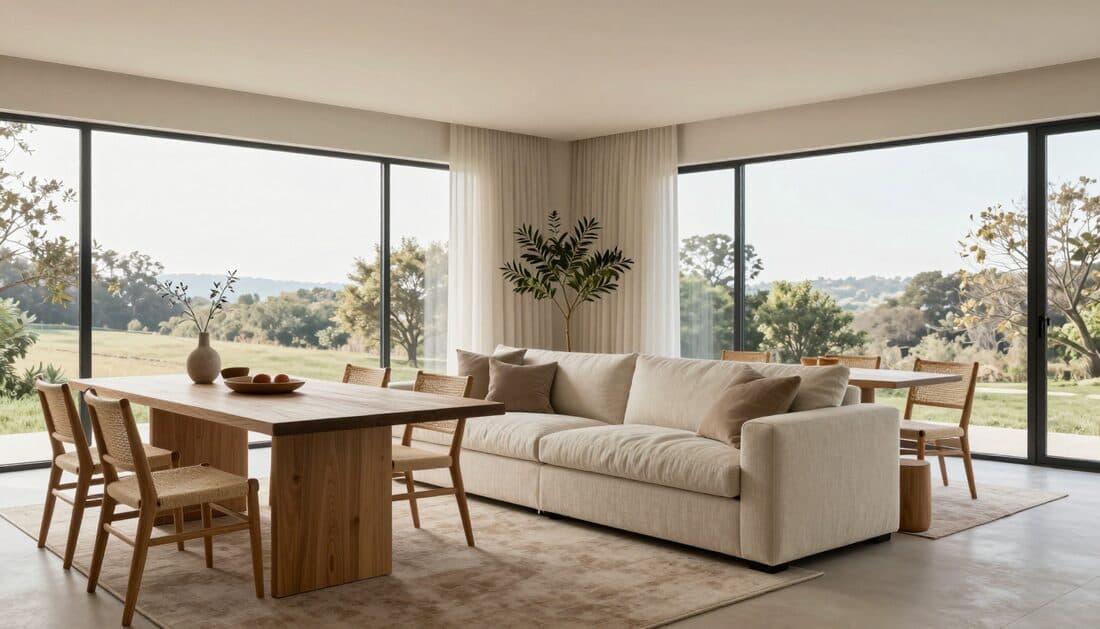 Open-plan living and dining space with a linen sofa, oak dining table, and north-facing window light