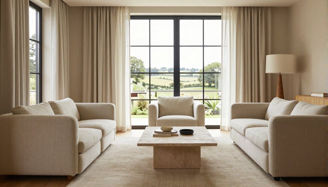 Living room with warm, materials-forward palette at Linden Residence