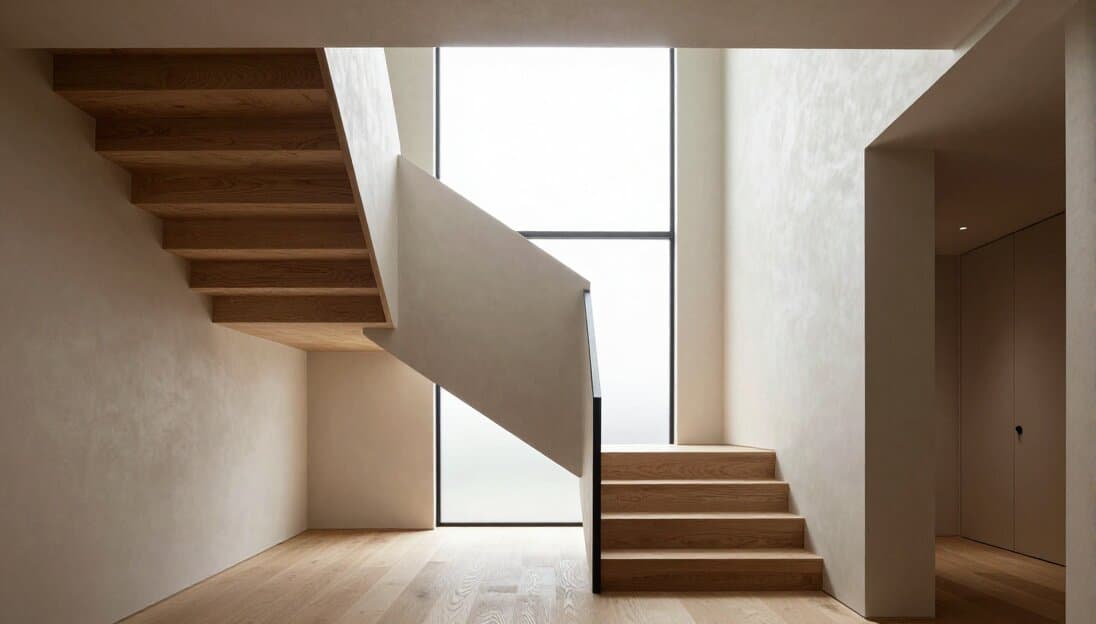 Staircase and hallway with sculptural light