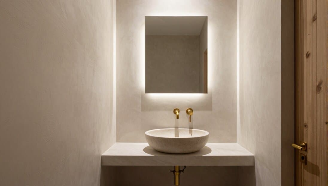 Powder room with warm stone finishes